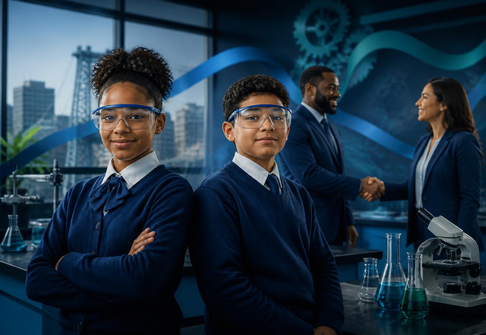 Bronx scholars of color in a science lab while partners shake hands behind them