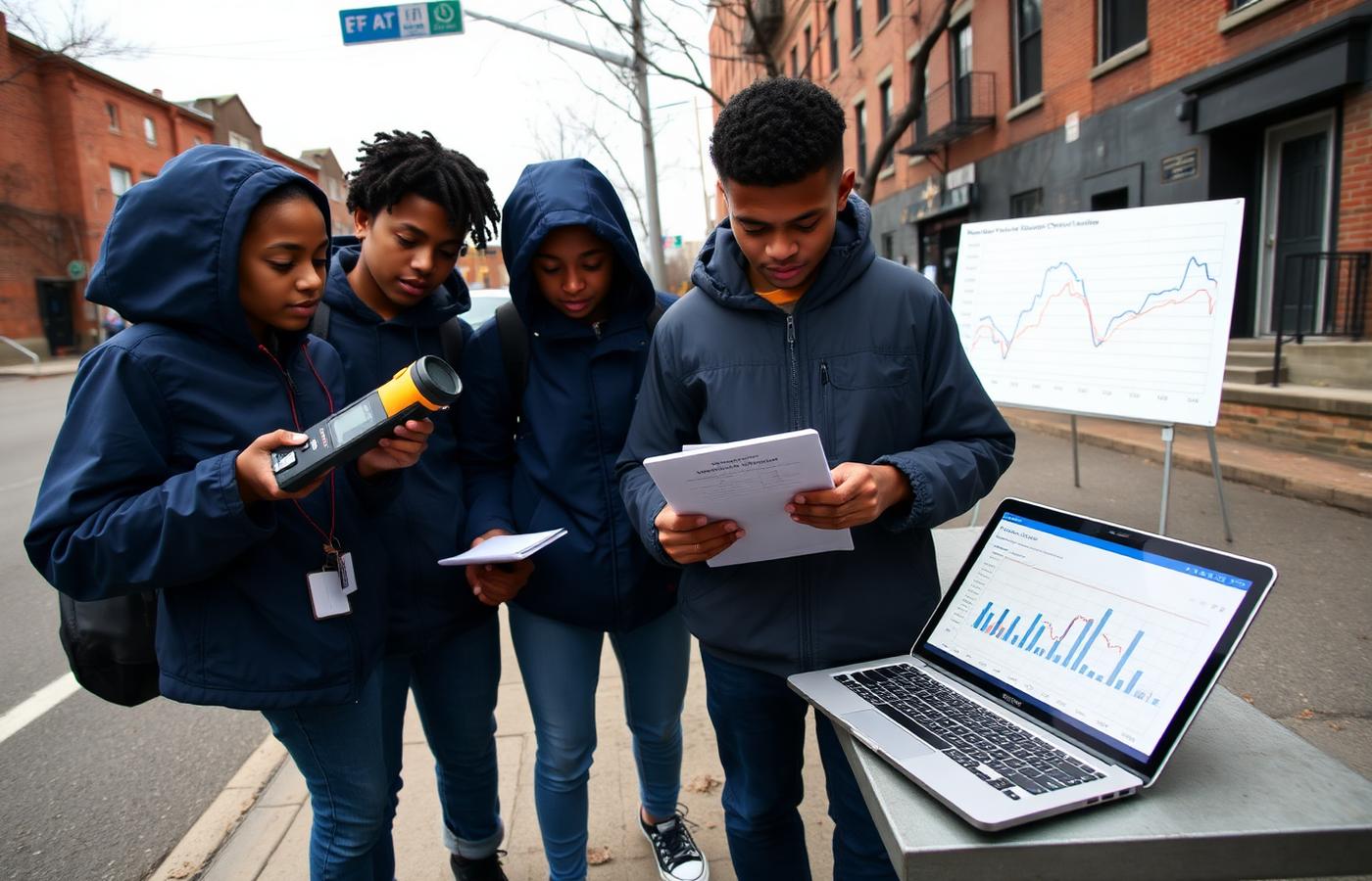 Scholars of color collecting air quality data on a Bronx street and charting it on a laptop