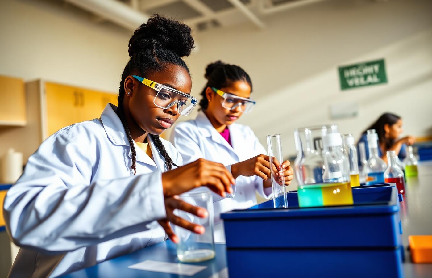 Bronx scholars of color in goggles and lab coats running an experiment at a school science bench