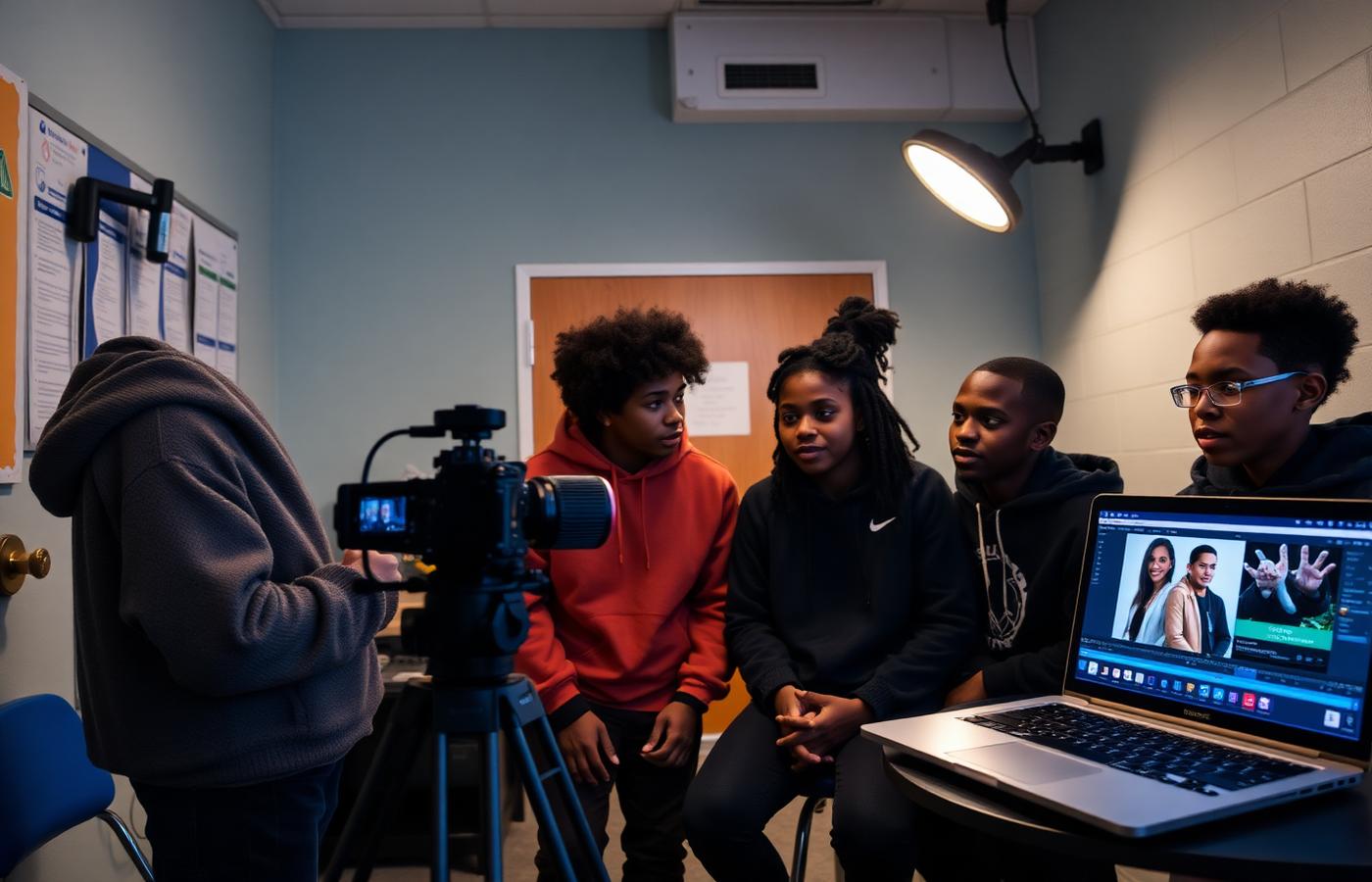 Scholars of color filming and editing a science video in a school media studio