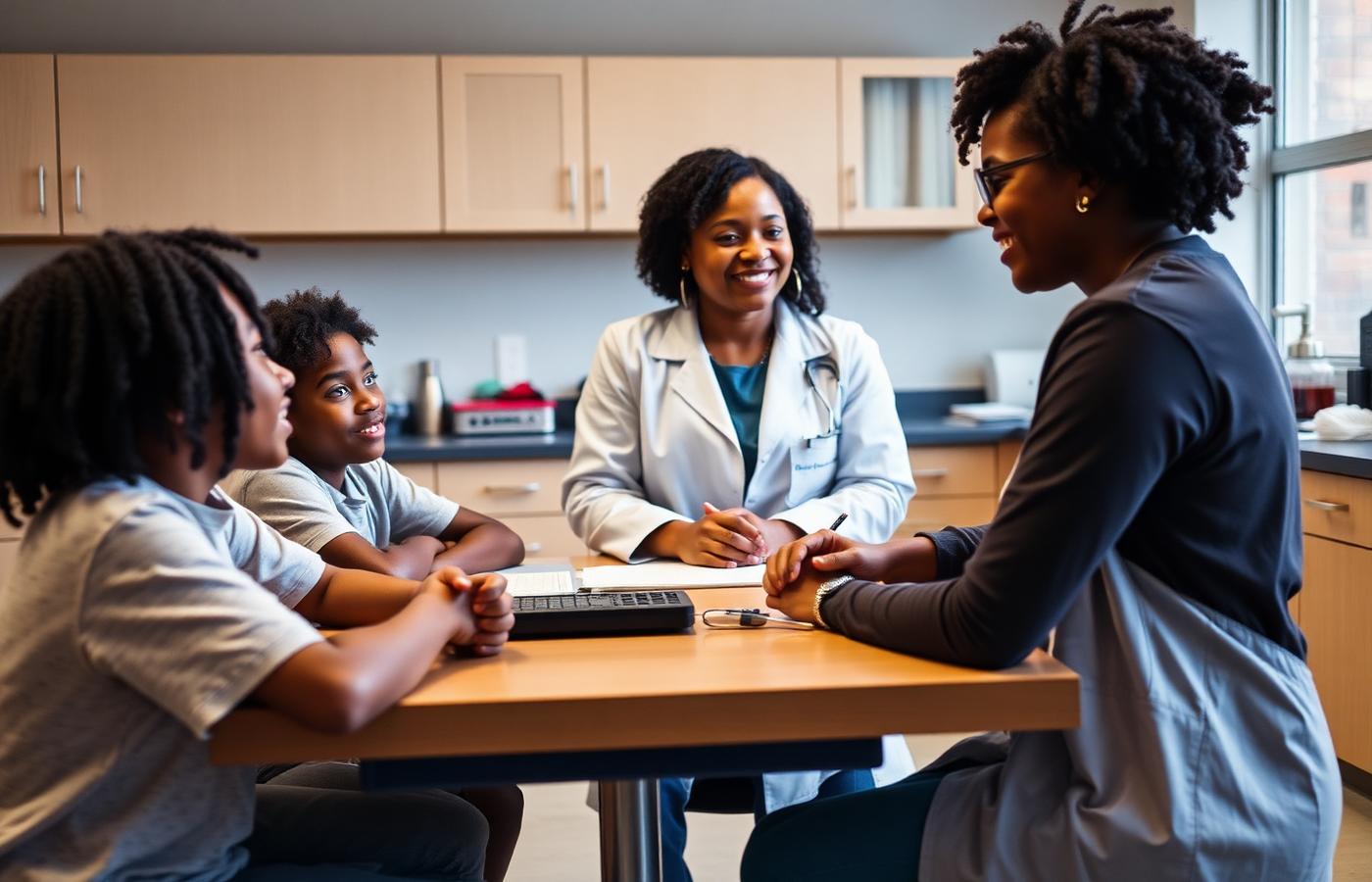 A Black woman scientist mentoring middle school scholars of color around a lab table
