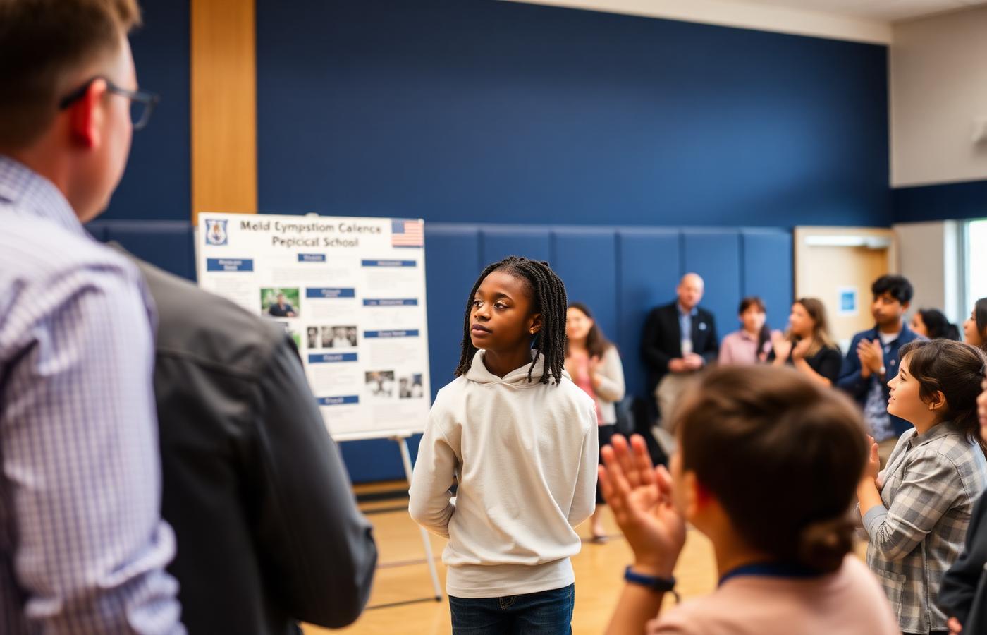 A scholar of color presenting a science poster to families and judges at a school symposium